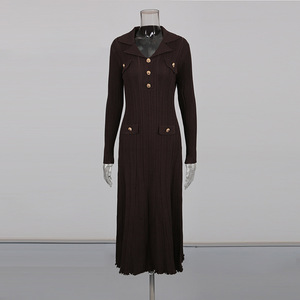 OUDINA nuovo abito da donna Casual semplice <span class=keywords><strong>marrone</strong></span> Versatile lungo con scollo a V - Product Image 1