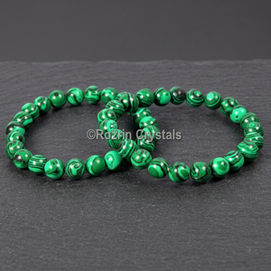 โรซริน คริสตัลส์สร้อยข้อมือลูกปัดมาลาไคต์สีเขียว รูปทรงวงกลม หินอัญมณีขัดเงา เครื่องประดับฮวงจุ้ย งานฝีมือที่ทนทาน - Product Image 2