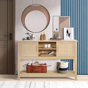 <span class=keywords><strong>Table</strong></span> <span class=keywords><strong>Console</strong></span> en bois de chêne en rotin naturel deux tiroirs et étagères ouvertes armoires de rangement <span class=keywords><strong>Table</strong></span> d'entrée pour salon - Product Image 2