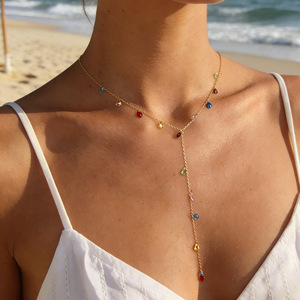 Collier en acier inoxydable en forme de Y, plaqué or 18 carats, pendentif goutte d'eau en zircon coloré, minimaliste, pour un usage quotidien, tendance - Product Image 1