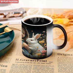 <b>Ceramic</b> <b>Mug</b> 11oz Frosted Black Heat Sensitive Color Changing Cup With Easter Girl And Rabbit Design - Product Image 5