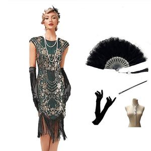 Femmes clapet grand GATSBY fête paillettes gland col en V robe ventilateur collier gants boucle d'oreille ensemble 1920s accessoires ensemble - Product Image 2