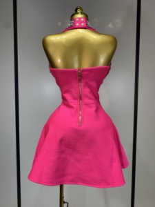 Abito Fasciante di Lusso da <span class=keywords><strong>Donna</strong></span>, Collo all'Americana, Schiena Scoperta, con Perline, Lavorato a Maglia, Lunghezza al Ginocchio, Asciugatura Rapida, <span class=keywords><strong>Sexy</strong></span>, per Club, Serate e Feste - Product Image 3