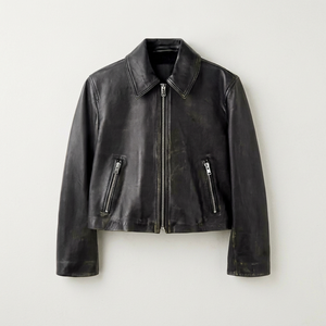Chaqueta de Motociclista de Cuero Negra para Hombre con Cierre de Cremallera, Cuello Camisero, Corte Corto, Manga Regular, Color Sólido - Product Image 1