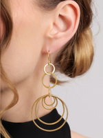 Boucles d'oreilles pendantes multicouches géométriques dorées Kinetic Elegance, avec halo de plusieurs anneaux, bijoux de mode modernes et audacieux