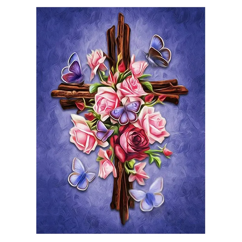Pittura diamante 5d all'ingrosso immagine croce religiosa fai da te trapano completo pittura diamante rose farfalla