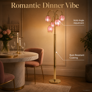 Lampe de sol contemporaine en métal avec abat-jour en verre rose en forme de tulipe, grande taille, usage résidentiel - Product Image 2