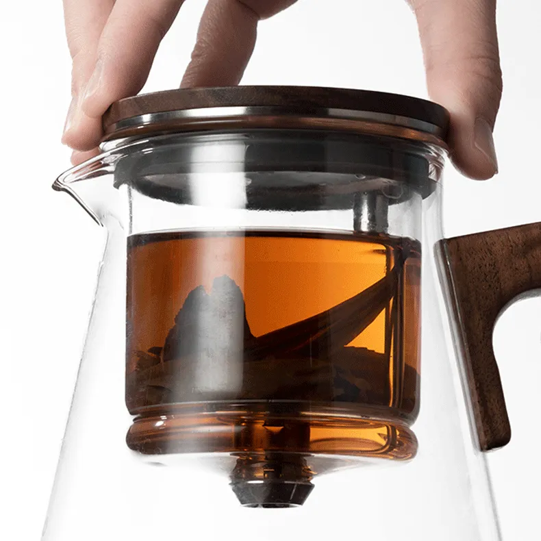 Classic Design 500ml Glass Teapot Home Office Wooden Handle Glass Teapot Wooden Lid Glass Tea Pot With Infuser