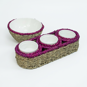 Colorful Rectangle Seagrass Serving Bowl Set Handwoven Tray 3 Small Bowls 1 <b>Large</b> Bowl Wholesale Vietnam Made Water Hyacinth - Product Image 1