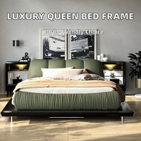 Lit double de taille Queen, design moderne et luxueux, revêtement en flanelle, cadre en teck, réglable, écologique