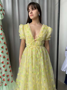 2025 estate elegante abito Midi da donna personalizzato manica a sbuffo Tulle ricamato al limone - Product Image 4