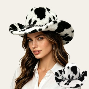 Cappello da Cowboy in Pelliccia Stile Western con Stampa Mucca Bianco e Nero, Morbido e Soffice, per Abiti Moda Autunno Inverno - Product Image 1