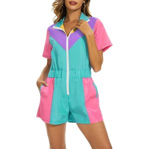 Combinaison coupe-vent une pièce color block pour femme, néon, manches courtes, fermeture éclair sur le devant, taille élastique, satin, séchage rapide, tenue de soirée - Product Image 2