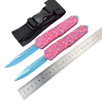 Couteau pliant de camping extérieur personnalisé en usine, OEM, en alliage de zinc, avec poignée rose en forme de donut, multifonction, tactique, de poche, idéal pour un cadeau