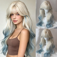 Wig Rambut Sintetis Bergelombang 28 inci, Warna Ombre Platinum Blonde ke Biru Muda, Murah Grosir Pabrik, Model Water Wave dengan Poni