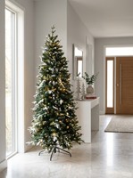 Sapin de Noël artificiel amincissant de 2,1 m pré-éclairé, floqué, avec lumières LED blanc chaud, en PE+PVC, pour décoration intérieure des fêtes