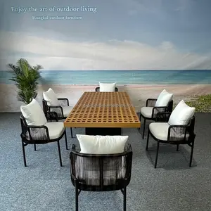 Роскошный Алюминиевый уличный стол из тикового дерева из нержавеющей стали, уличный обеденный стол и стулья, набор из ротанга для столовой
