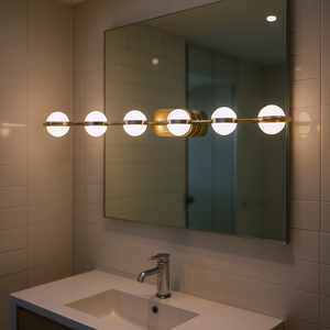 Luminaire de salle de bain LED minimaliste doré à 6 lumières, applique murale blanc chaud pour miroir, finition chrome poli - Product Image 2