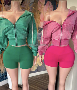 Peeqi 2026 Nueva Colección de Moda para Mujer, Sudadera con Cierre y Capucha Lavada, Top y Pantalones Cortos Deportivos, Conjunto Casual de 2 Piezas - Product Image 2