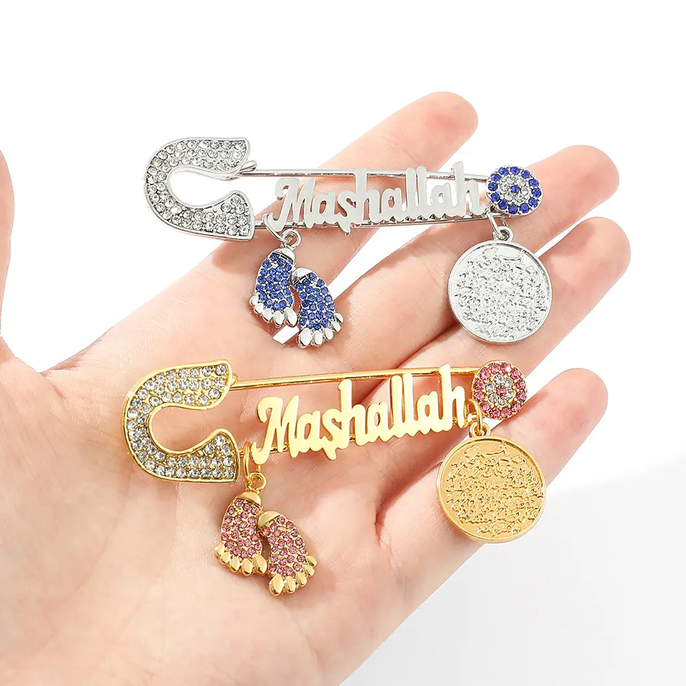 Mashalah-bufandas de lujo con letras islámicas, broche de hebilla, decoración colgante, insignia de Metal, Pin con diamantes de imitación