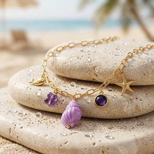 Collier ras du cou en acier inoxydable avec pendentif étoile de mer et conque violette de la série ODM Ocean pour femme, idéal pour la plage - Product Image 3