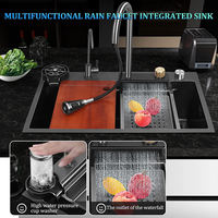 Évier de cuisine simple en acier inoxydable noir 29,5 x 17,7 po, à poser, avec poste de travail, trois accessoires de lavage carrés, design cascade