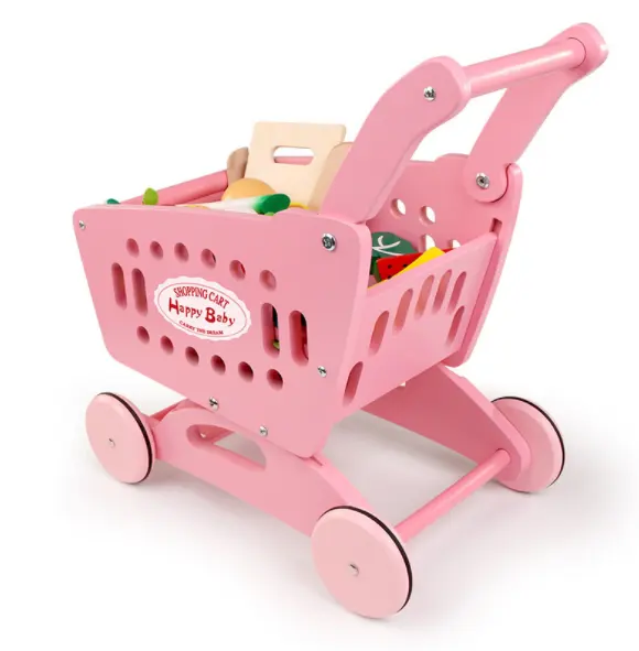2022 Most popular baby push toy with food cutting set kids walker toy wooden baby shopping cart