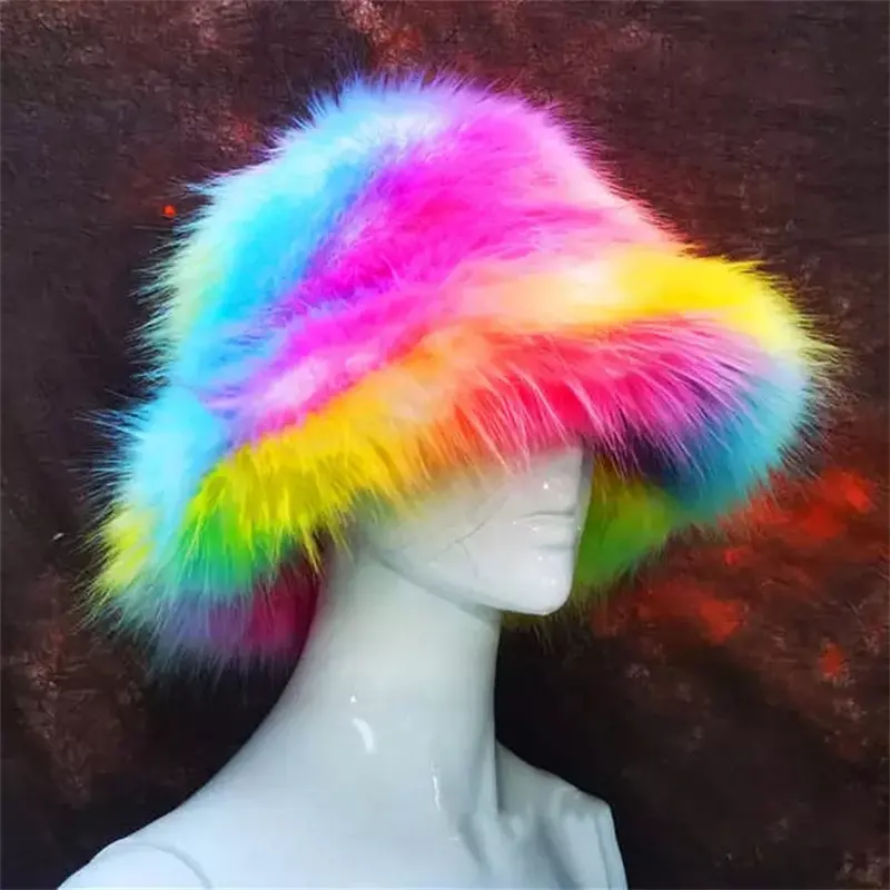 2022 Winter Women Keep Warm Rainbow Hat Faux Fox Fur Basin Female Fashion Casual Party Bucket hat