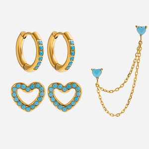 Ensemble de boucles d'oreilles plaquées or en forme de cœur avec pierres turquoise bleues pour femmes, bijoux cadeau - Product Image 1