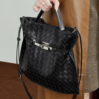 Sac fourre-tout tissé en cuir véritable pour femme, grande capacité, sac à bandoulière avec fermeture éclair