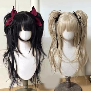 Perruque double queue de cheval superposée style Lolita avec rubans noirs, couvre-tête complet, sans colle, en fibre Kanekalon pour femmes - Product Image 3