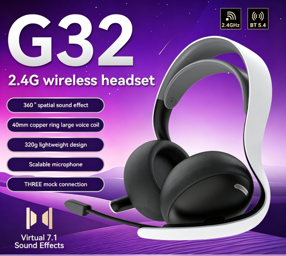 <strong>2026</strong> Hot Sale Tri-Mode <strong>2.4G</strong> <strong>Wireless</strong> <strong>Gaming</strong> <strong>Headset</strong> with Removable Mic and Elastic Headband & Adaptor Siberia S-G32