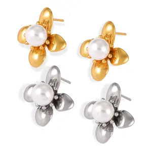 Geometric Jewellery Flower Shape Inlaid Imitation Pearl Design Earrings Women Golden Rust Proof Trendy Jewelry Party Gift