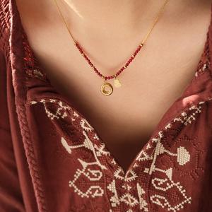 New Chinese Stainless Steel Gold Plated Trendy Geometric Pendant Necklace Collarbone <b>Chain</b> Red Bead Women's Anniversary Jewelry - Product Image 6
