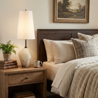 Lampe de table en albâtre géométrique, décoration de chambre d'hôtel de luxe, base en pierre facettée, tige en métal, luminaire en tissu, lampe de table d'accent LED