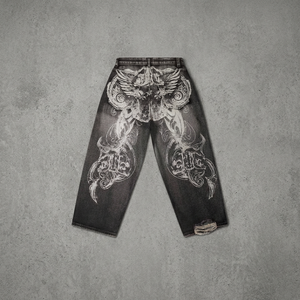 Pantalon en jean taille haute à jambe large, effet usé, avec imprimé ailes au dos, style streetwear, ourlet déchiré, en coton, pour l'automne - Product Image 4