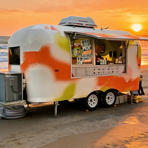 Carrito de Comida Móvil de 4 Ruedas con Marco de Acero Inoxidable en Degradado Naranja y Blanco, Gráficos Personalizados, Garantía de 2 Años para Festivales de Música y Venta de Aperitivos - Product Image 1