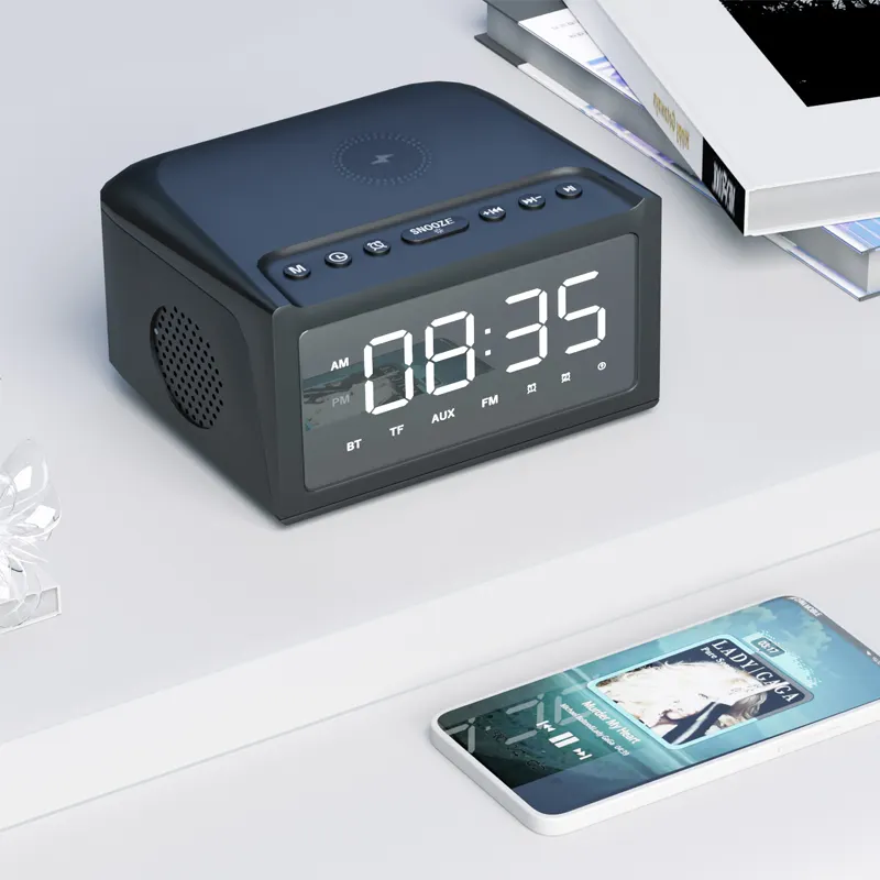 2023 Multifunction Bedside Led Digital Alarm Clock Fm Radio Bt Speaker Mobile Phone Fast Charging 10w Wireless Charger
