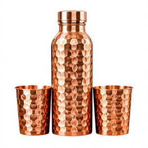 Hammered Copper <b>Water</b> <b>Bottle</b> with Lid and Two Cups Set Portable <b>Metal</b> Drinkware for Home Party - Product Image 1
