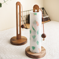 Support de rouleau d'essuie-tout autoportant en bois foncé avec poteau à fentes, pour cuisine, avec décoration en cuir, pompon et perles, vente en gros
