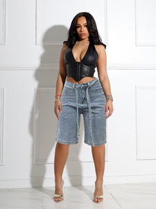 Think 2025 <strong>Women</strong> High Breathable Knitted Rhinestones Straight <strong>Knee</strong> <strong>Length</strong> <strong>Cargo</strong> Pants Summer Belt Pocket Street Casual <strong>Shorts</strong> - Product Image 2