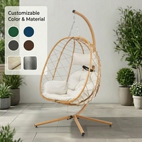 Fauteuil suspendu d'extérieur en rotin tressé avec support et coussins, siège balançoire œuf pour patio, jardin, bord de piscine, terrasse, balcon