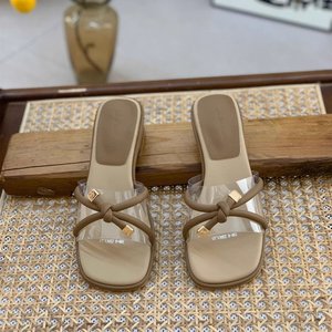 Elegantes Sandalias Beige de PVC con Punta Cuadrada y Tacón Ancho, con Decoración de Lazo, Transpirables, Zapatos de Verano para Mujer - Product Image 1