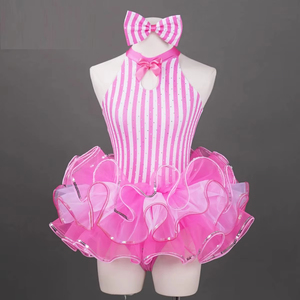 Vestido de Princesa Bailarina Rosa para Niñas, Disfraz de Danza, Tutú para Actuación, Tutú de Danza a Rayas para Niñas - Product Image 1