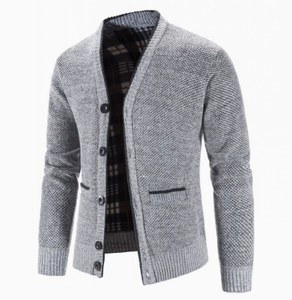 <b>Men's</b> Knit <b>Cardigan</b> Sweater V Neck Button Front Plaid Lined <b>Long</b> Sleeve Fall Winter Outerwear - Product Image 4