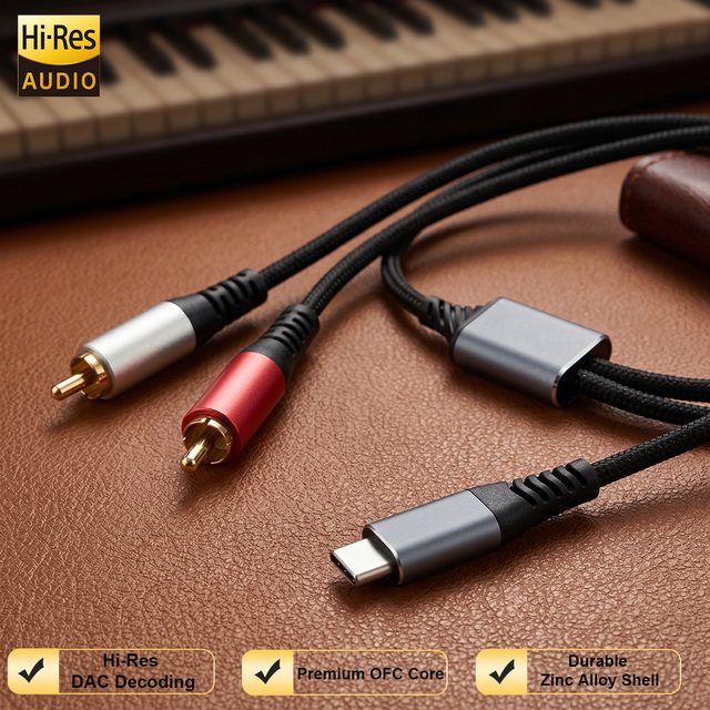 YIVO Type-C to 2RCA Stereo Cable with Hi-Res DAC Chip Wholesale Oxygen-Free Copper Braided Aux Cord for Phone PC to Amplifier TV