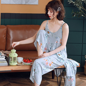 Conjunto de bata de seda y algodón con estampado floral, camisola de manga larga, ropa de dormir para mujer, ropa de dormir de verano estilo coreano - Product Image 3