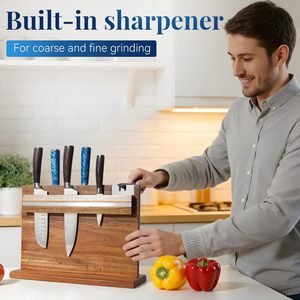 Bloc à <span class=keywords><strong>couteaux</strong></span> magnétique en bois d'acacia <span class=keywords><strong>professionnel</strong></span> avec aiguiseur intégré <span class=keywords><strong>pour</strong></span> une utilisation sur le comptoir de cuisine - Product Image 3