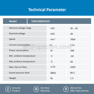 พัดลมระบายความร้อนแบบแกนไฟฟ้ากระแสตรง รุ่น 8317083176 VWLH200CKLXS ขนาด 200*200*70 มม. 48VDC 7.25A 348W 7000RPM แบบลูกปืน - Product Image 3
