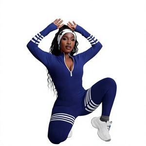 Combinaison pour femme à taille haute, manches longues, couleur unie, col en V, longueur intégrale, respirante, extensible, tenue de sport - Product Image 1